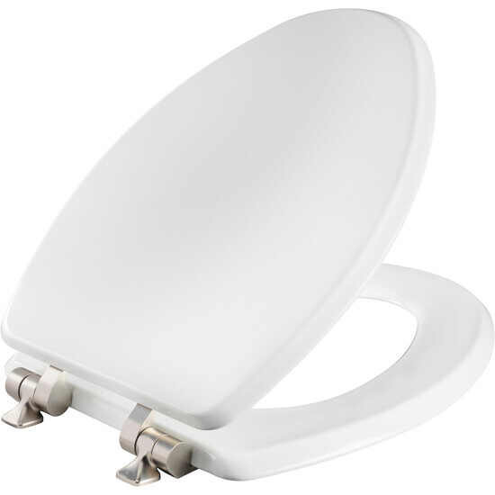 Mayfair by Bemis 126NISLA 000 Benton Elongated Enameled Wood Toilet Seat in White with STA-TITE Seat Fastening System and WhisperClose Brushed Nickel Hinge