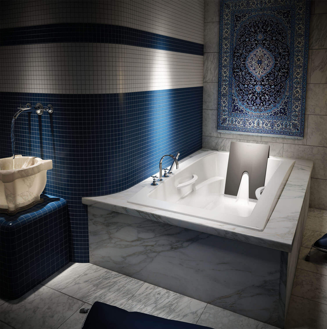 54 Gallon 46 Jet Thermomassuer Bathtub with 1-1/2" Standard Deck Raised Seat Heated Backrest Heated Headrest 2 Armrests and 2 Grab Bars in White - BINFRD00T-01