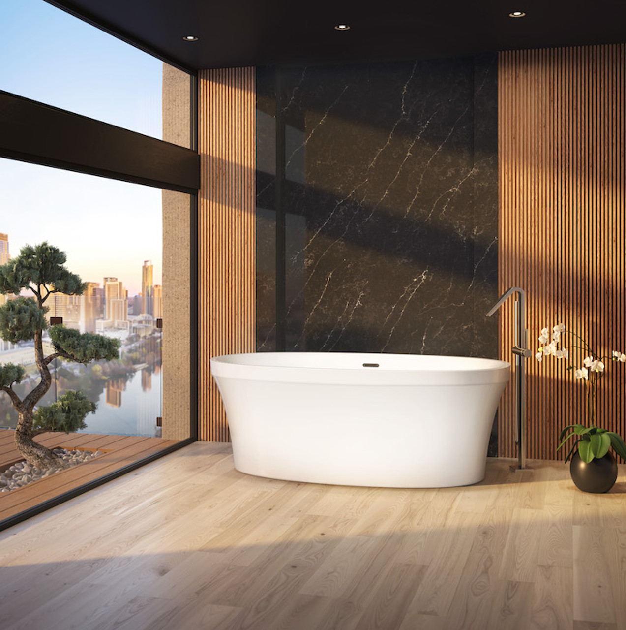 Bain Ultra Libra Aurora 6634 Oval Freestanding 2-Person 58 Gallon Soaker Bathtub with 1-1/2" Standard Deck and Heated Backrest in Black/White - BLAKOF00N-66