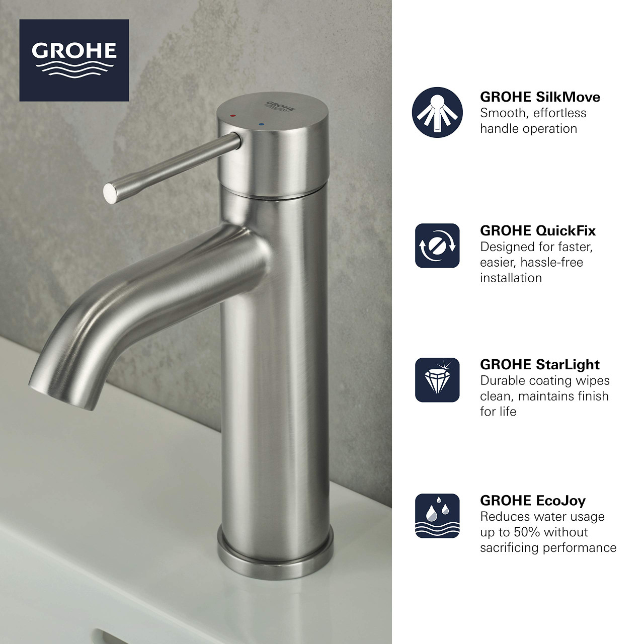 Grohe Essence 23592ENA Single Hole Single-Handle S-Size Bathroom Faucet 1.2 GPM in Grohe Brushed Nickel