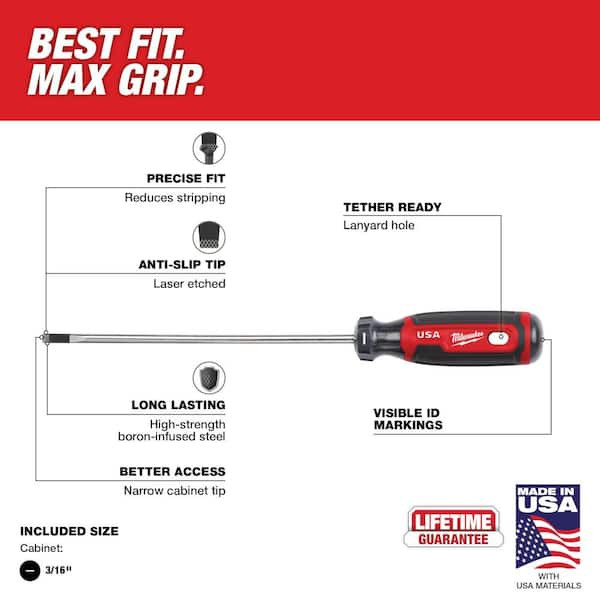 Milwaukee 3/16, 6 inch, Cabinet Standard Cushion Grip Screwdriver (USA) - MT212