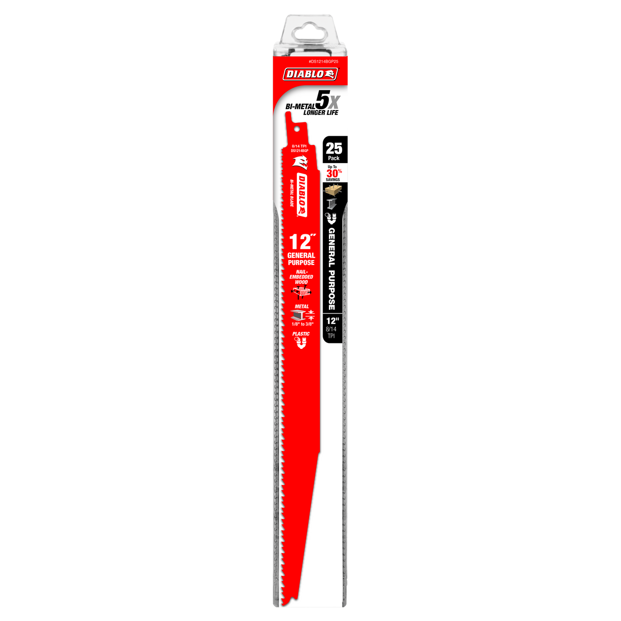 Diablo DS1214BGP25 12 in. Bi-Metal Recip Blade for Nail-Embedded Wood, Metal, and Plastic (25-Pack) - 5 Pack