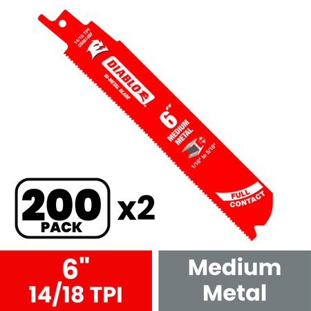 Diablo DS0614BF200 6 in. Bi-Metal Recip Blade for Medium Metal Cutting (1/16 in. to 5/16 in.) (200-Pack) - 2 Pack