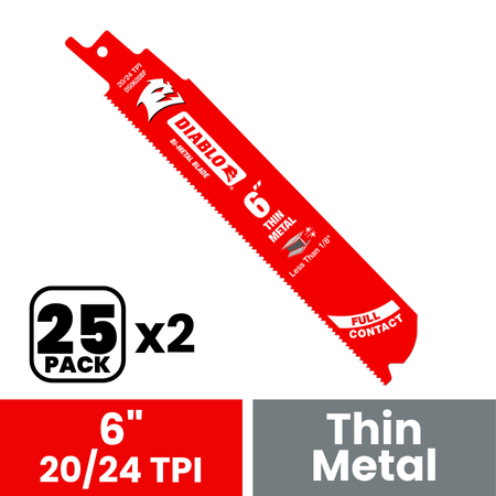 Diablo DS0620BF25 6 in. Bi-Metal Recip Blade for Thin Metal (Less than 1/8 in.) - 2 Packs of 25 (50 Total)