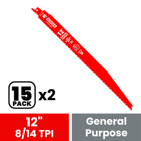 Diablo DS1214BGP15 12 in. Bi-Metal Recip Blade for Nail-Embedded Wood, Metal, and Plastic (15-Pack) - 2 Pack