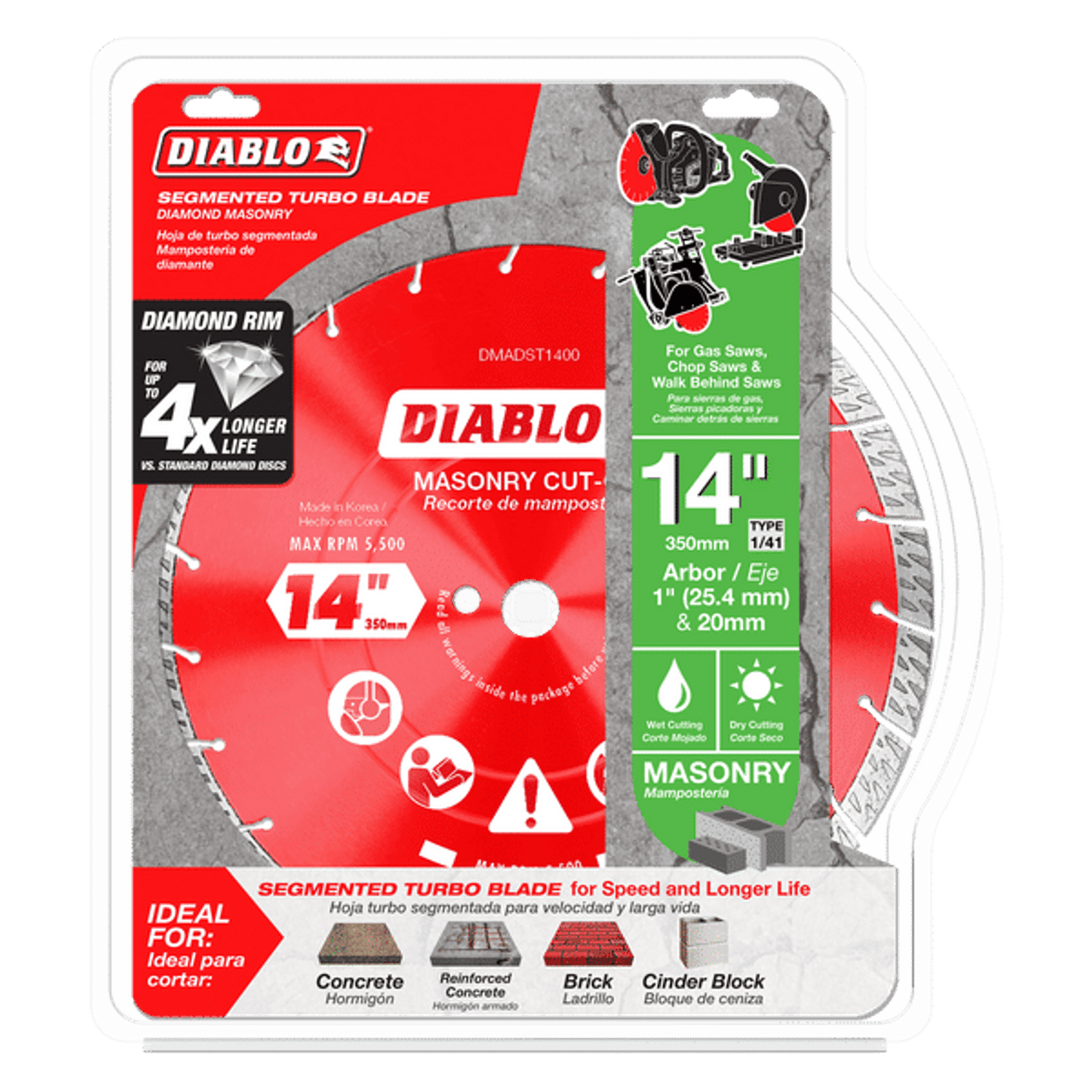 Diablo DMADST1400 14 in. Diamond Segmented Turbo Cut-Off Discs for Masonry - 5 Pack