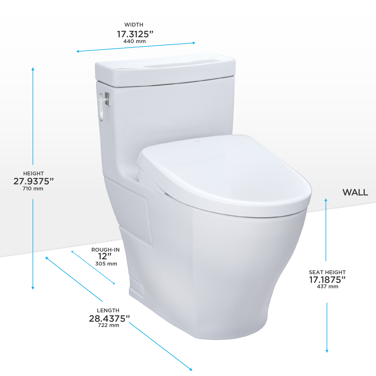 Toto Aimes One Piece Elongated Universal Height Toilet with CEFIONTECT 1.28 GPF with Contemporary Washlet+ S7 Bidet Seat in Cotton White