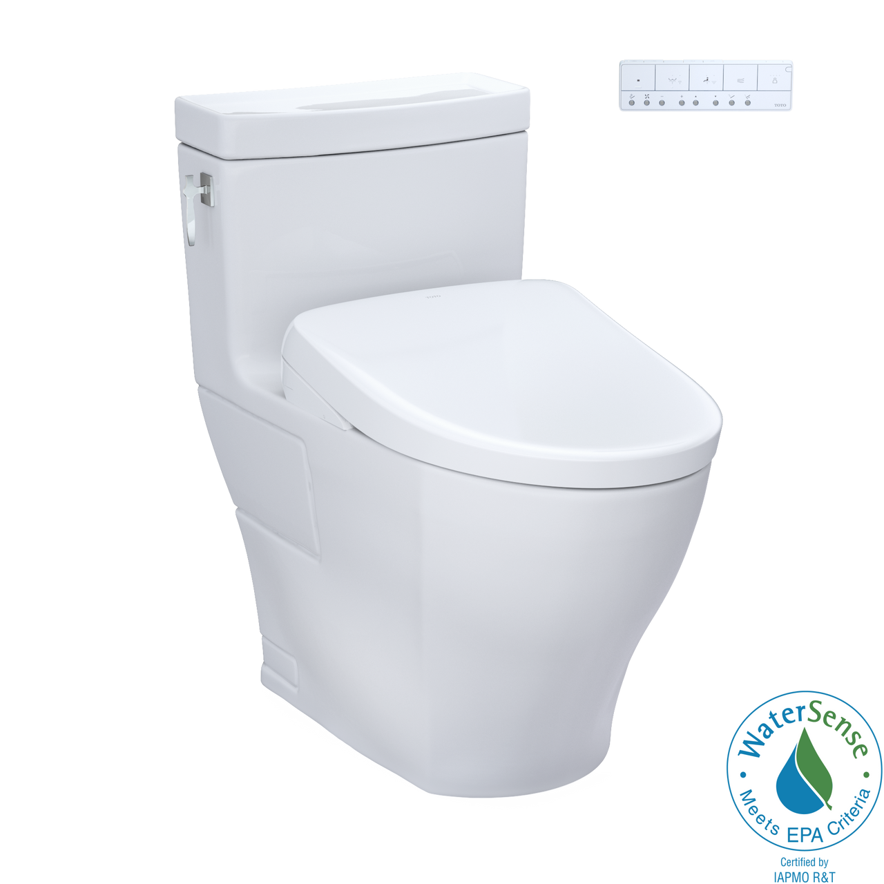 Toto Aimes One Piece Elongated Universal Height Toilet with CEFIONTECT 1.28 GPF with Contemporary Washlet+ Auto Flush S7 Bidet Seat in Cotton White
