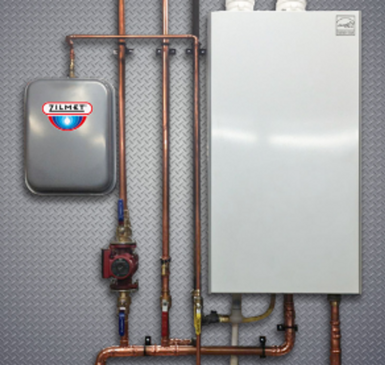 Zilmet ZFT8R 2.1 gal flat rectangular hydronic tank with 1/2" NPT connection, union (two-way check valve), and welded bracket Zilmet ZAF012MF 1/2'' MNPT X 1/2'' FNPT Activflo Solo