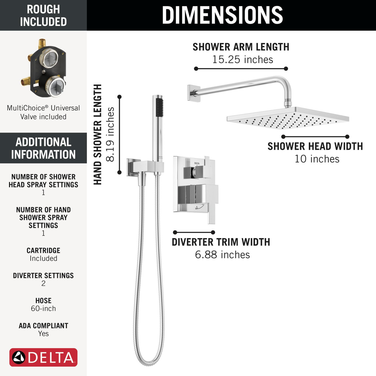 Delta Modern Monitor Series Shower With Raincan, Hand Shower & Rough Valve in Chrome - 342701