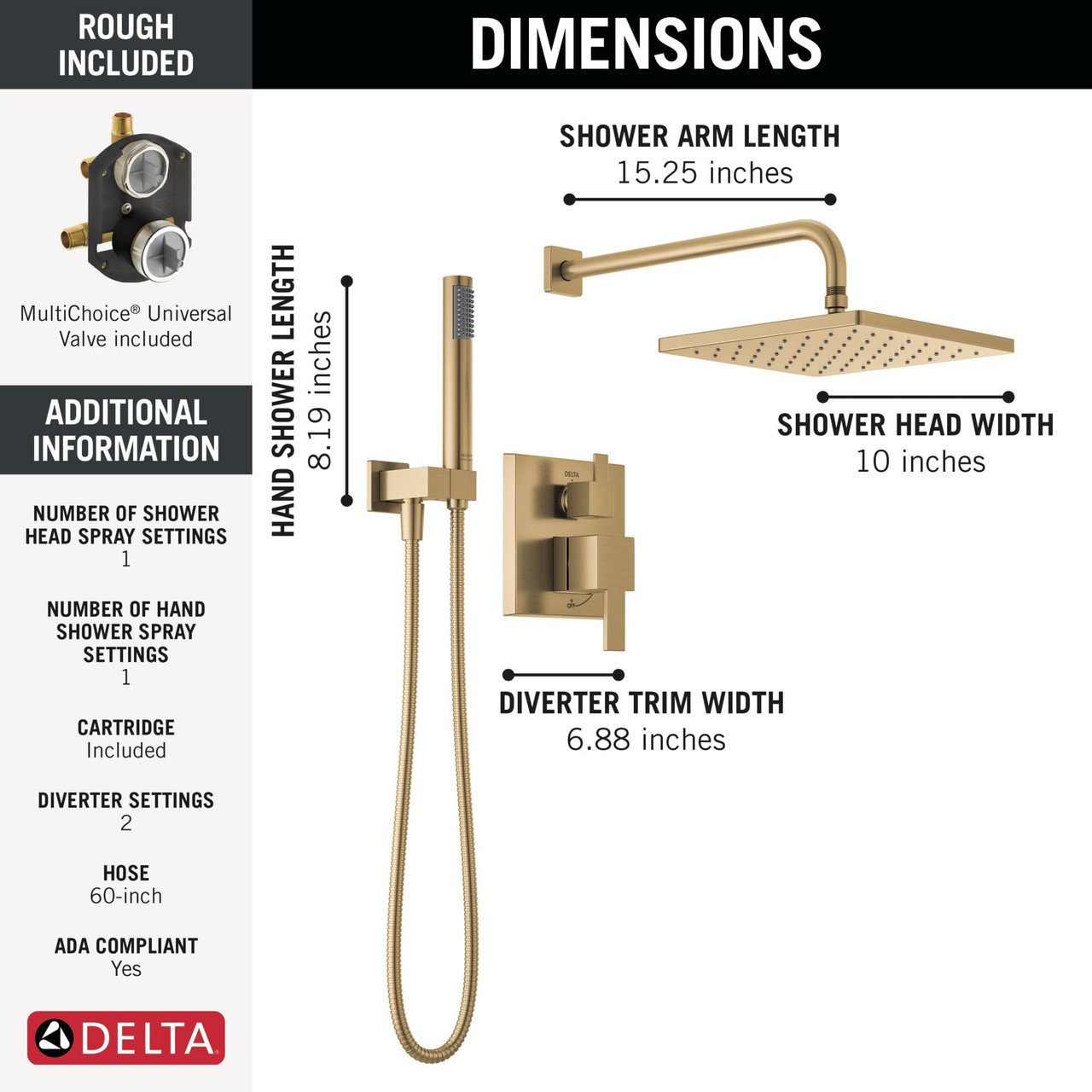 Delta Modern Monitor Series Shower With Raincan, Hand Shower & Rough Valve in Champagne Bronze - 342701-CZ