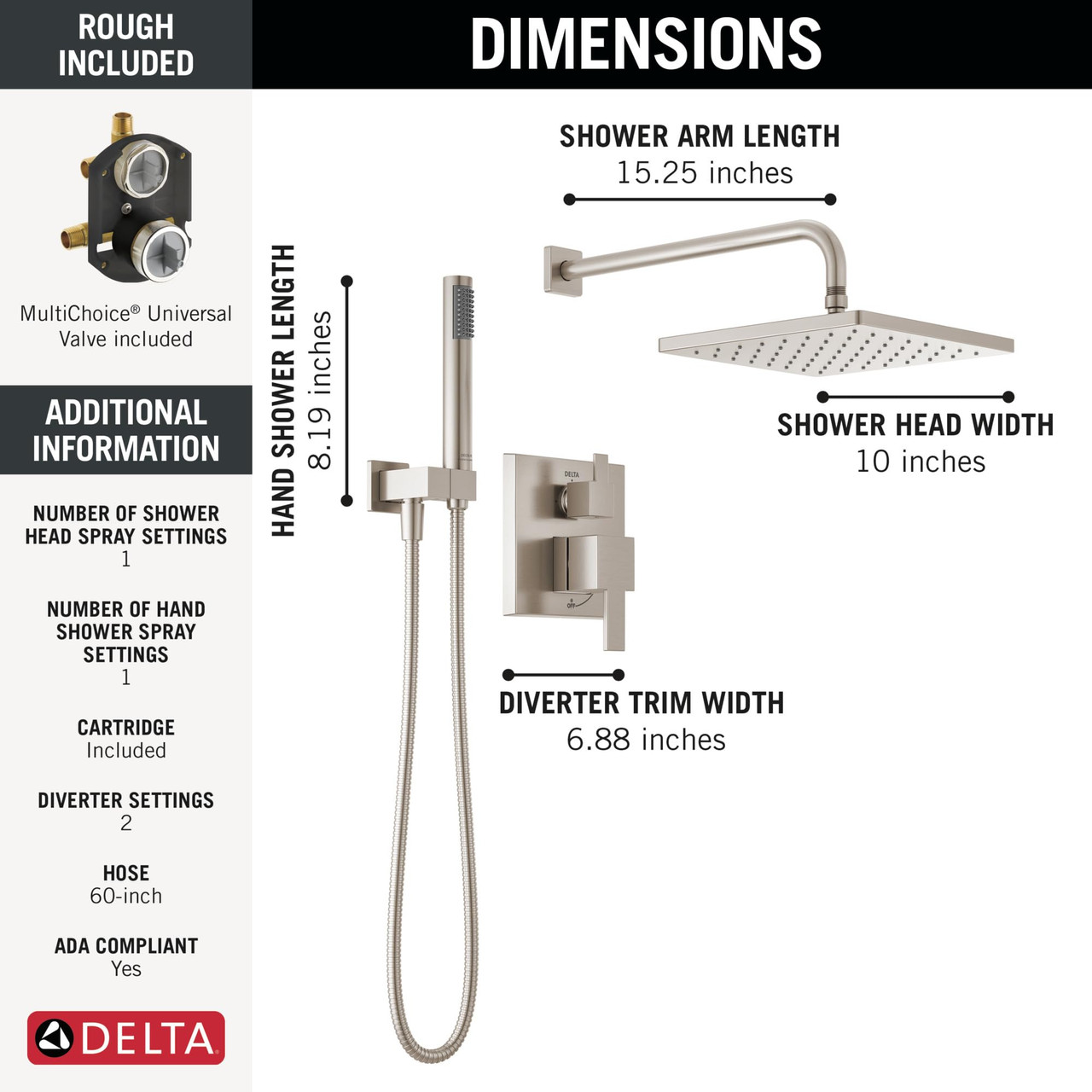 Delta Modern Monitor Series Shower With Raincan, Hand Shower & Rough Valve in Spotshield Brushed Nickel - 342701-SP