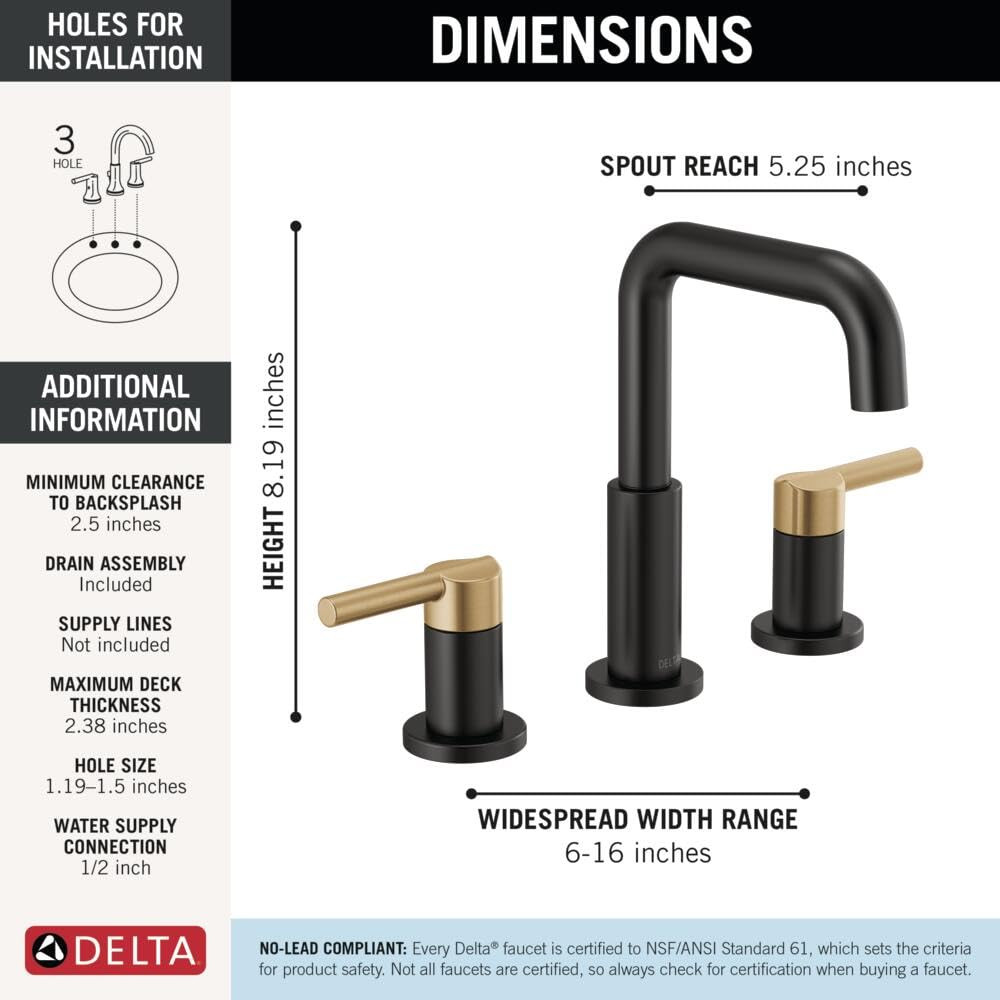 Delta Nicoli Two Handle Widespread Bathroom Faucet in Matte Black / Champagne Bronze - 35849LF-GZ