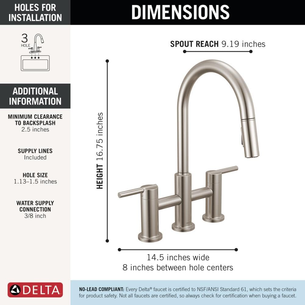 Delta Nicoli Two Handle Pull-Down Bridge Kitchen Faucet in Stainless - 39876LF-SS