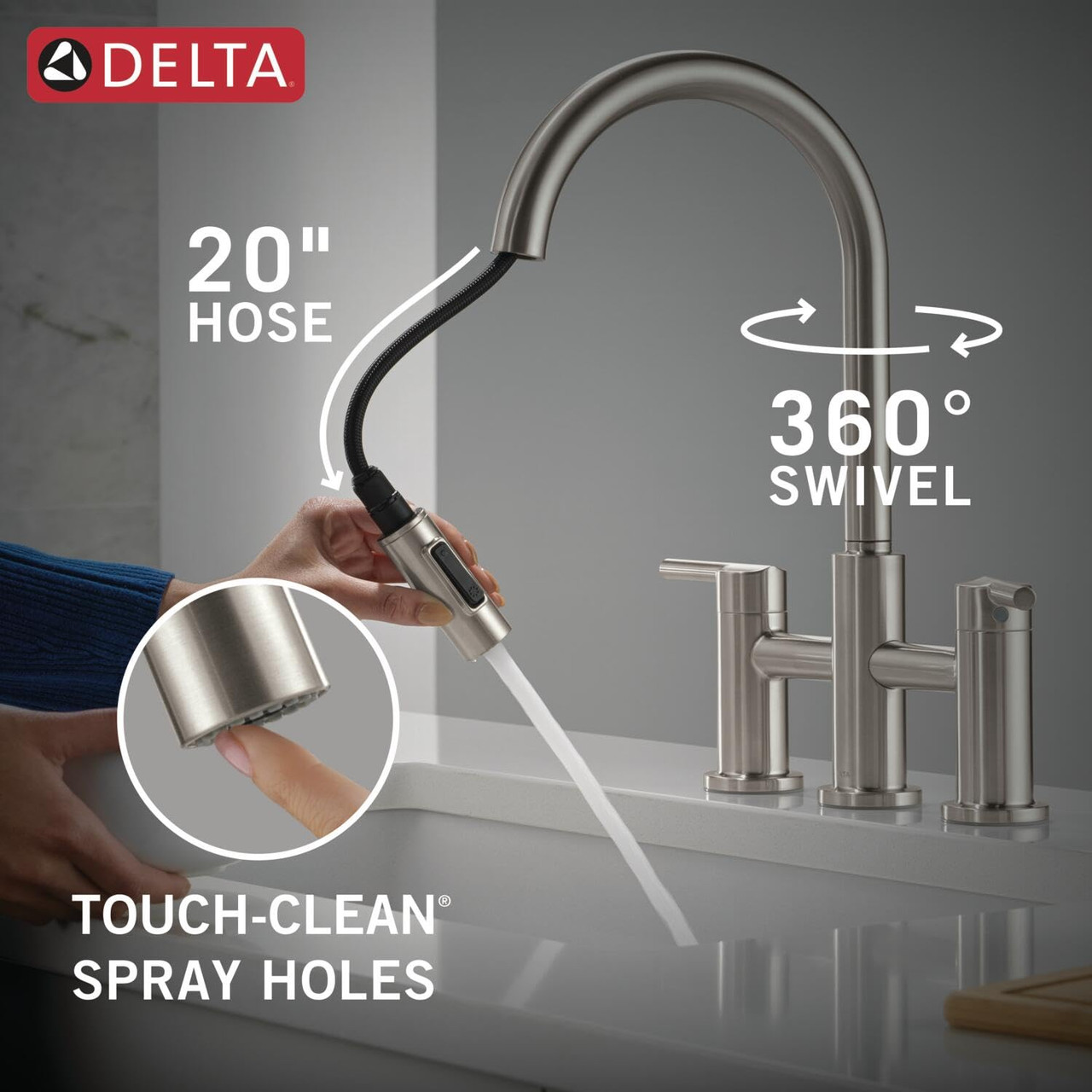 Delta Nicoli Two Handle Pull-Down Bridge Kitchen Faucet in Stainless - 39876LF-SS