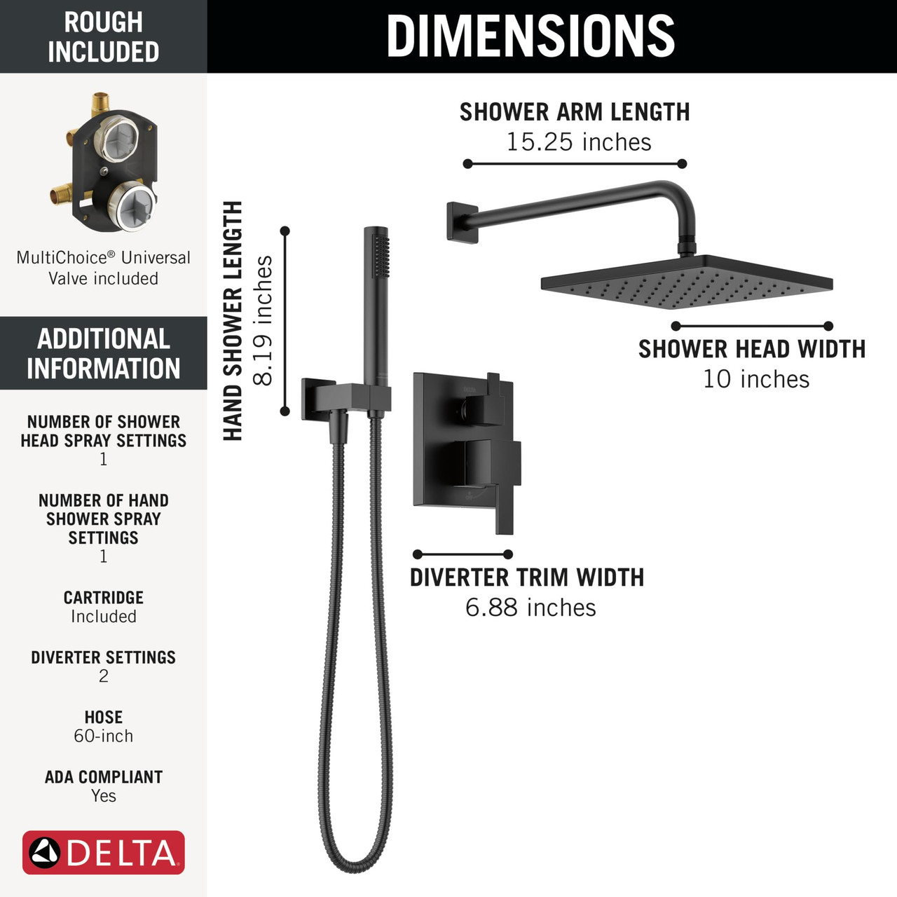 Delta Modern Monitor Series Shower With Raincan, Hand Shower & Rough Valve in Matte Black - 342701-BL