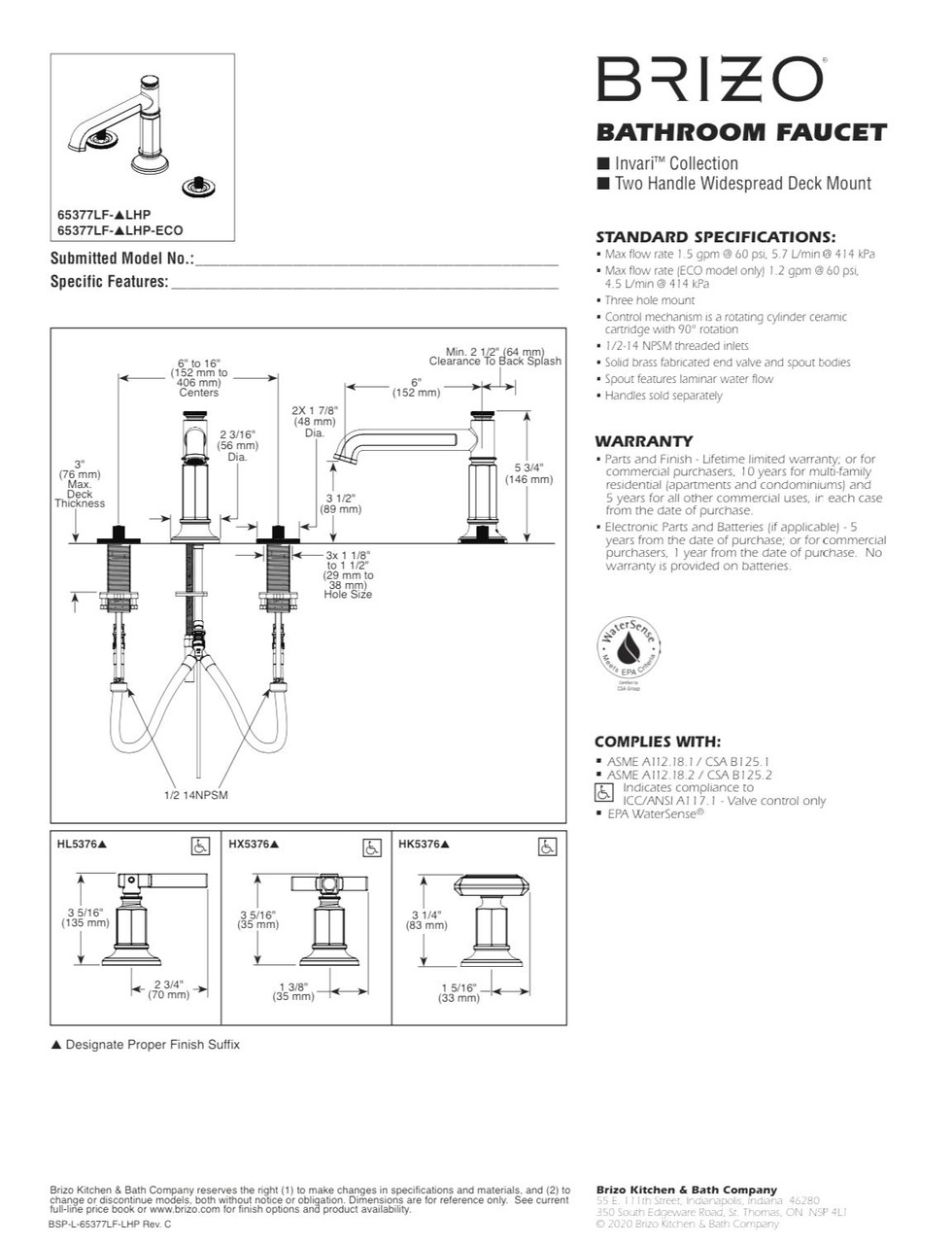 Brizo Invari Widespread Lavatory Faucet With Column Spout - Less Handles in Polished Gold - 65377LF-PGLHP