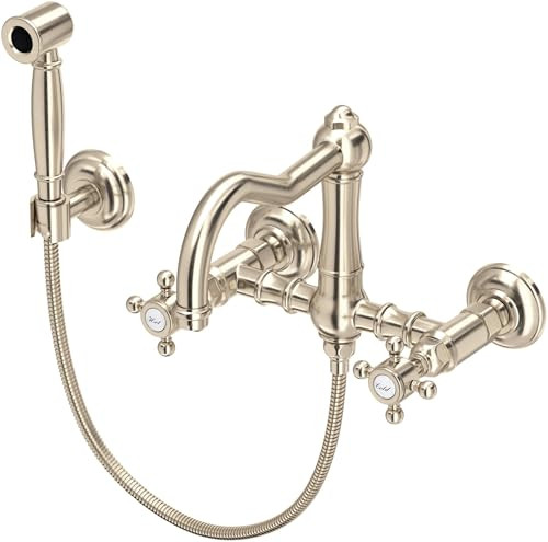 Rohl Acqui Wall Mount Bridge Kitchen Faucet With Sidespray And Column Spout in Satin Nickel - A1456XMWSSTN-2