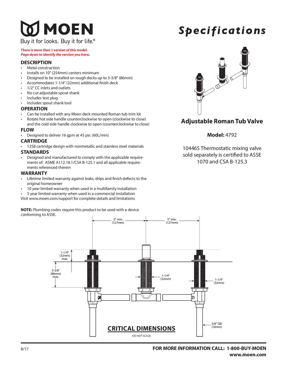 Moen Roman Tub Faucet Rough-In - 4792