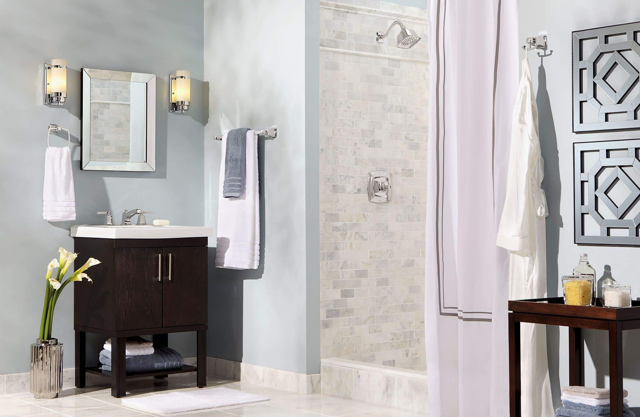 Moen Boardwalk Two Handle High Arc Widespread Bathroom Sink Faucet for 3 Hole Setups with Valve Included in Chrome - TV6220