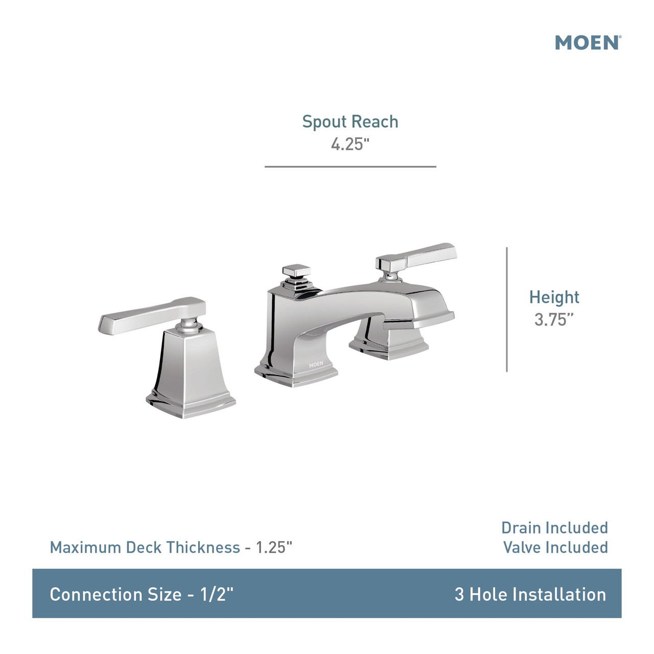 Moen Boardwalk Two Handle High Arc Widespread Bathroom Sink Faucet for 3 Hole Setups with Valve Included in Chrome - TV6220