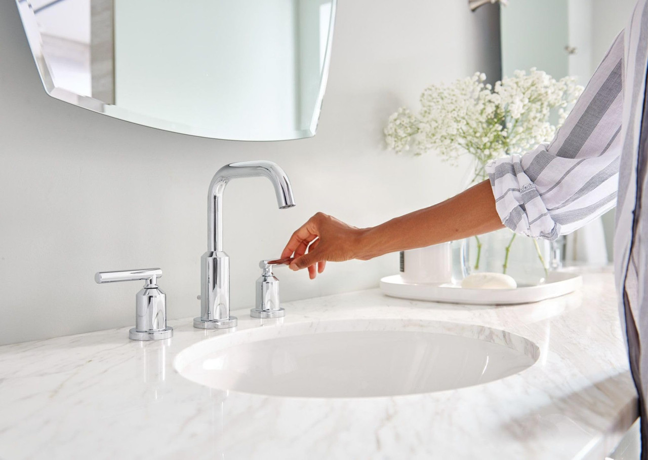 Moen Gibson Two Handle High Arc Widespread Bathroom Sink Faucet for 3 Hole Setups with Valve Included in Chrome - TV6142