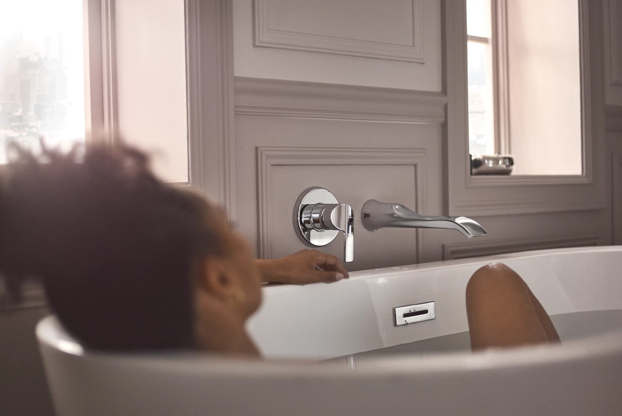 Moen Doux Single Handle Wall Mount Tub Filler High Flow Tub Faucet with 10" Spout Reach in Chrome - WTS981