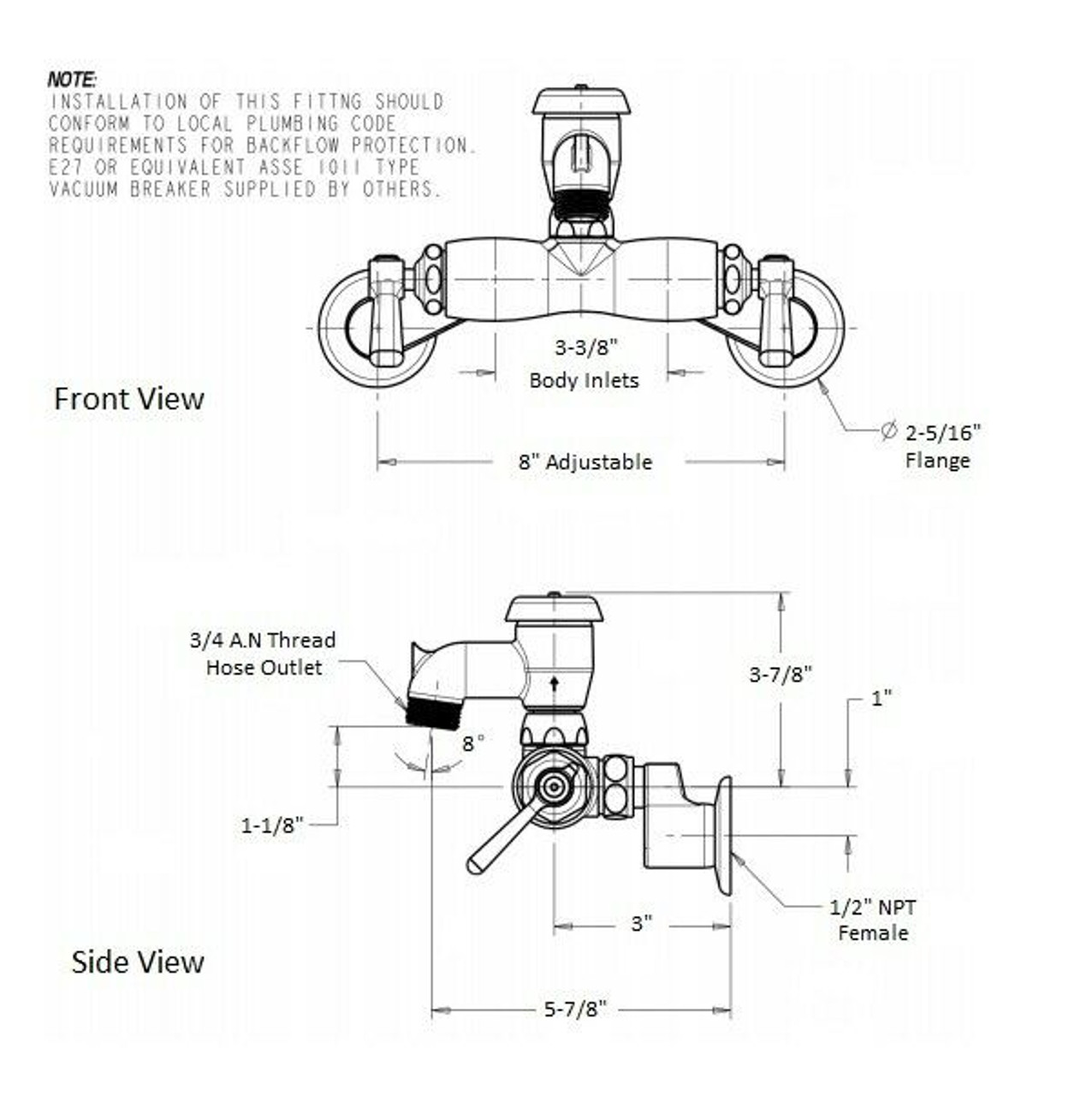 Chicago Faucets 305-VB Series Wall Mounted Two Handle Faucet with Adjustable Centers in Chrome - 305-VBRCF
