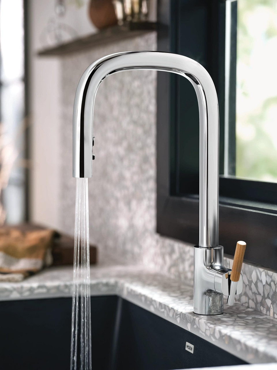 Moen Tenon One Handle Modern Kitchen Pulldown Faucet with Reflex and PowerBoost Spray Technology Accent Handle Included for Customizing in Chrome - S74001
