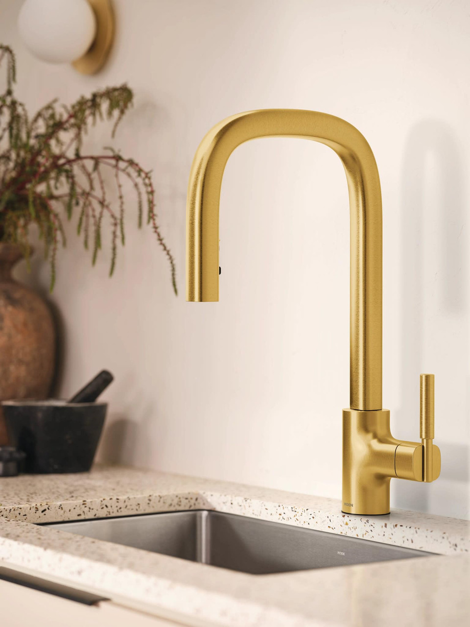 Moen Tenon One Handle Modern Kitchen Pulldown Faucet with Reflex and PowerBoost Spray Technology Accent Handle Included for Customizing in Brushed Gold - S74001BG