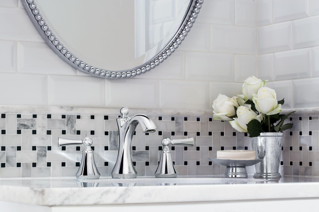 Moen Wynford Two Handle Widespread High Arc Bathroom Faucet with Lever Handles in Chrome - T4520