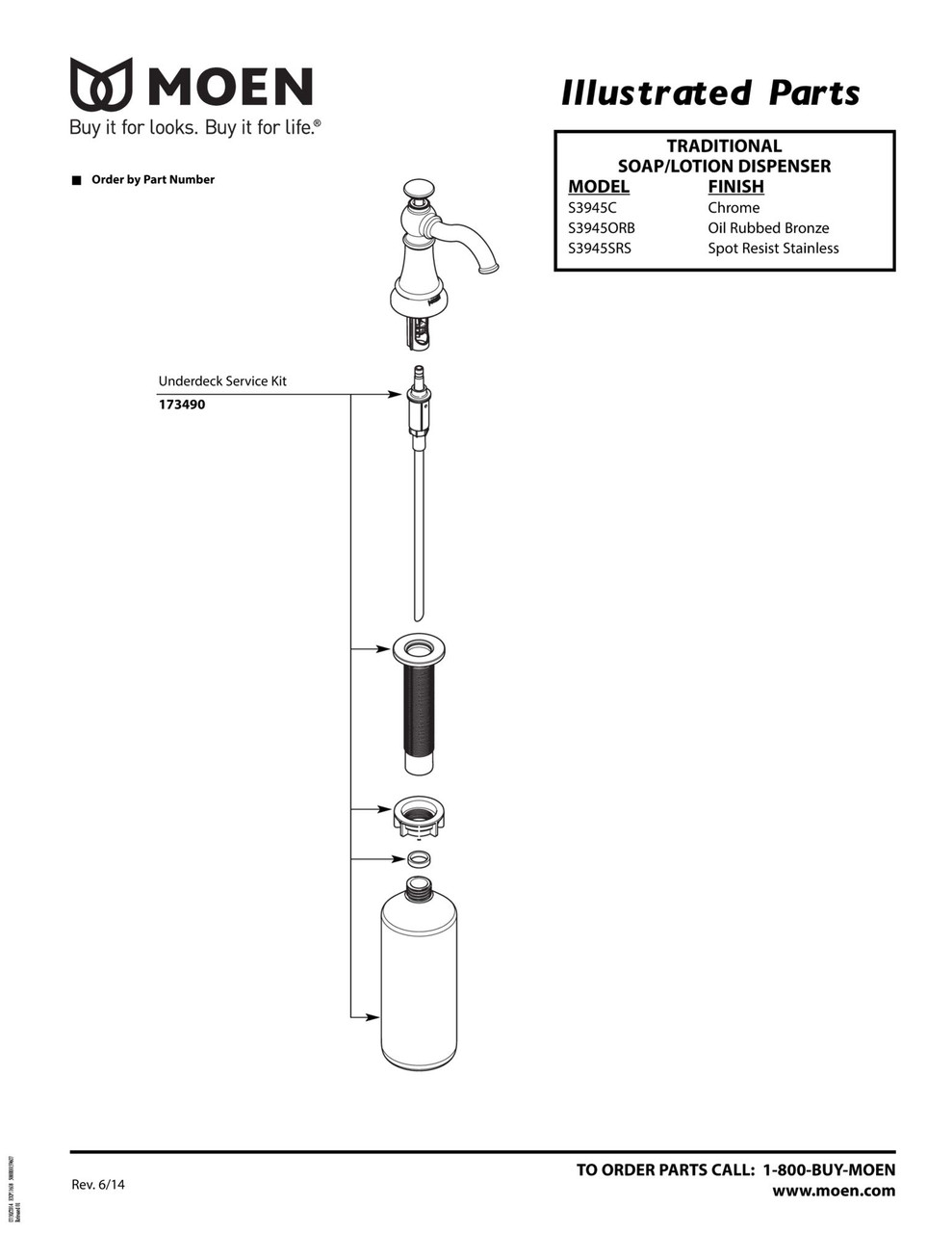 Moen Traditional Deck Mounted Kitchen Soap Dispenser with Above the Sink Refillable Bottle Polished in Polished Nickel - S3945NL