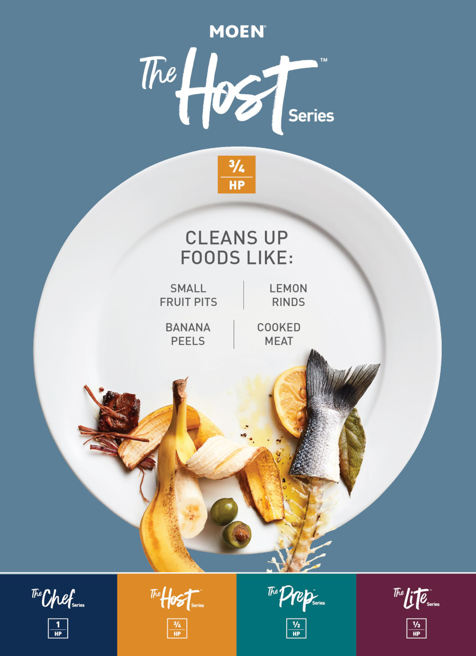 Moen Host Series Garbage Disposal for Kitchen Sink with Power Cord Control Activation Sound Reduction in Black - GXB75C