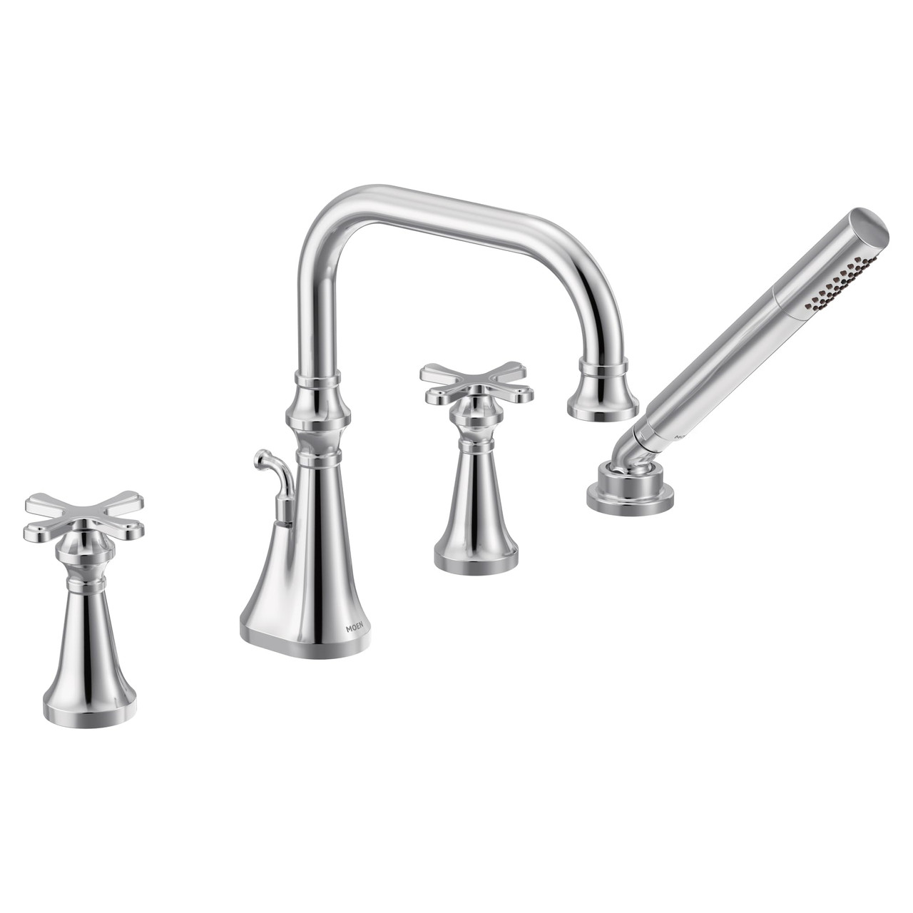 Moen Colinet Two Handle Deck Mount Roman Tub Faucet Trim with Cross Handles and Handshower in Chrome - TS44506
