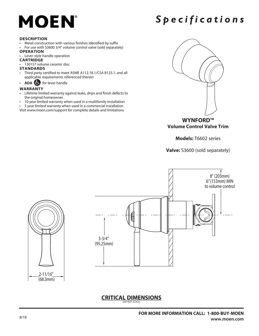 Moen Wynford Volume Control Valve Trim Kit in Brushed Nickel - T6602BN