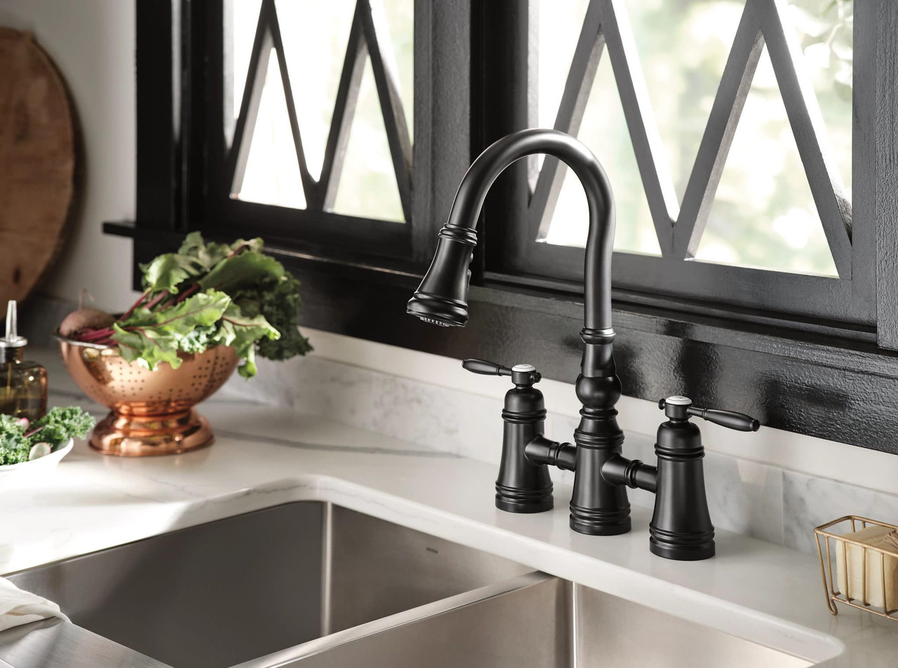 Moen Weymouth Two Handle Pulldown Bridge Kitchen Faucet in Matte Black - S73204BL
