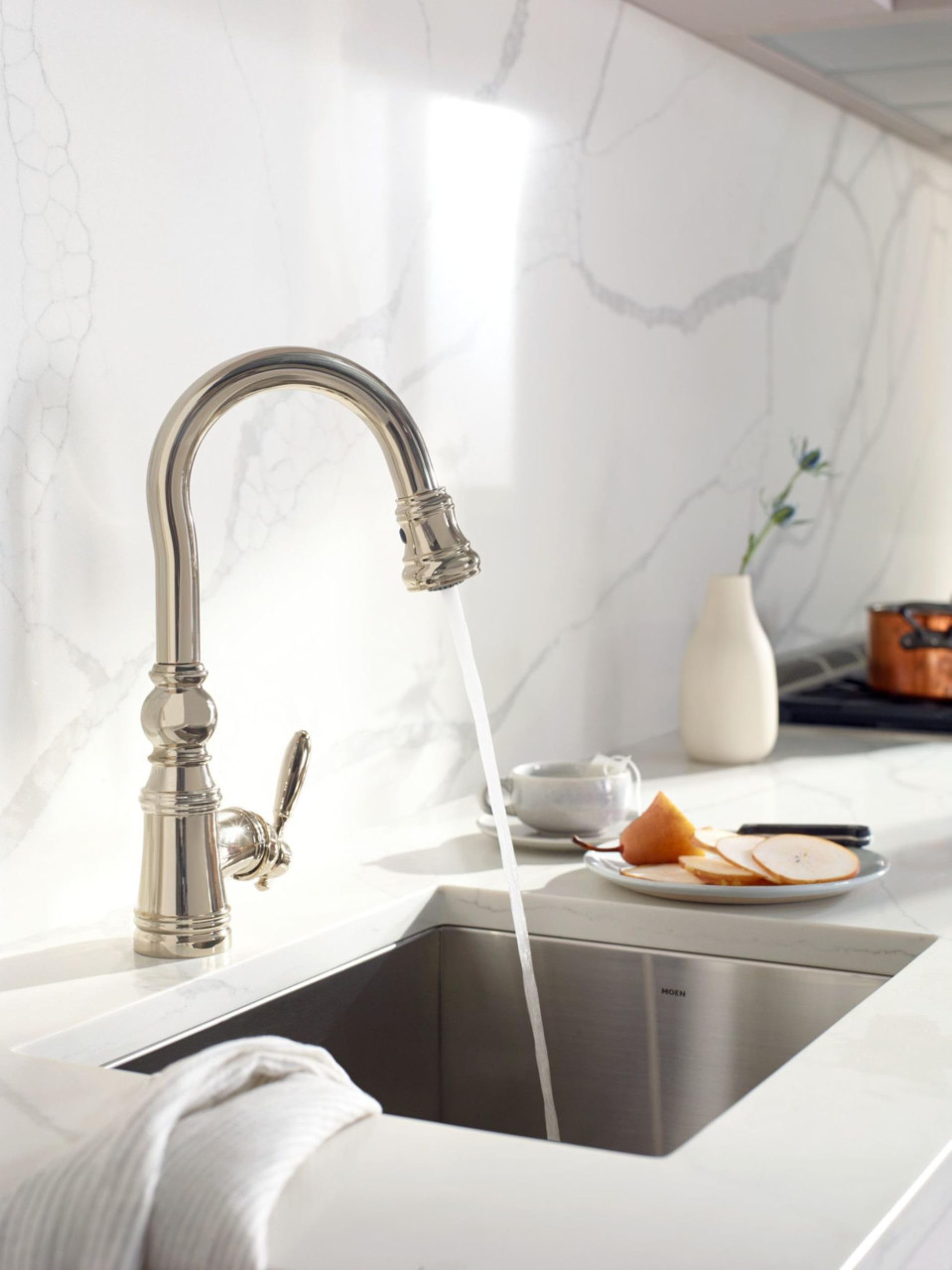 Moen Weymouth Shepherd's Hook Pulldown Kitchen Bar Faucet Featuring Metal Wand with Power Clean Polished in Polished Nickel - S53004NL