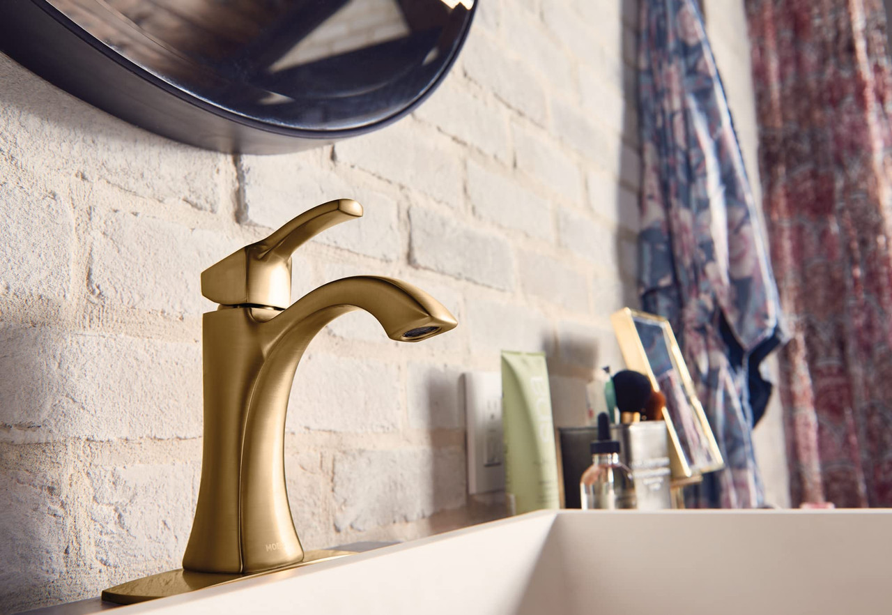 Moen Voss One Handle High Arc Bathroom Faucet with Drain Assembly for Single Hole Sink in Gold - 6903BG