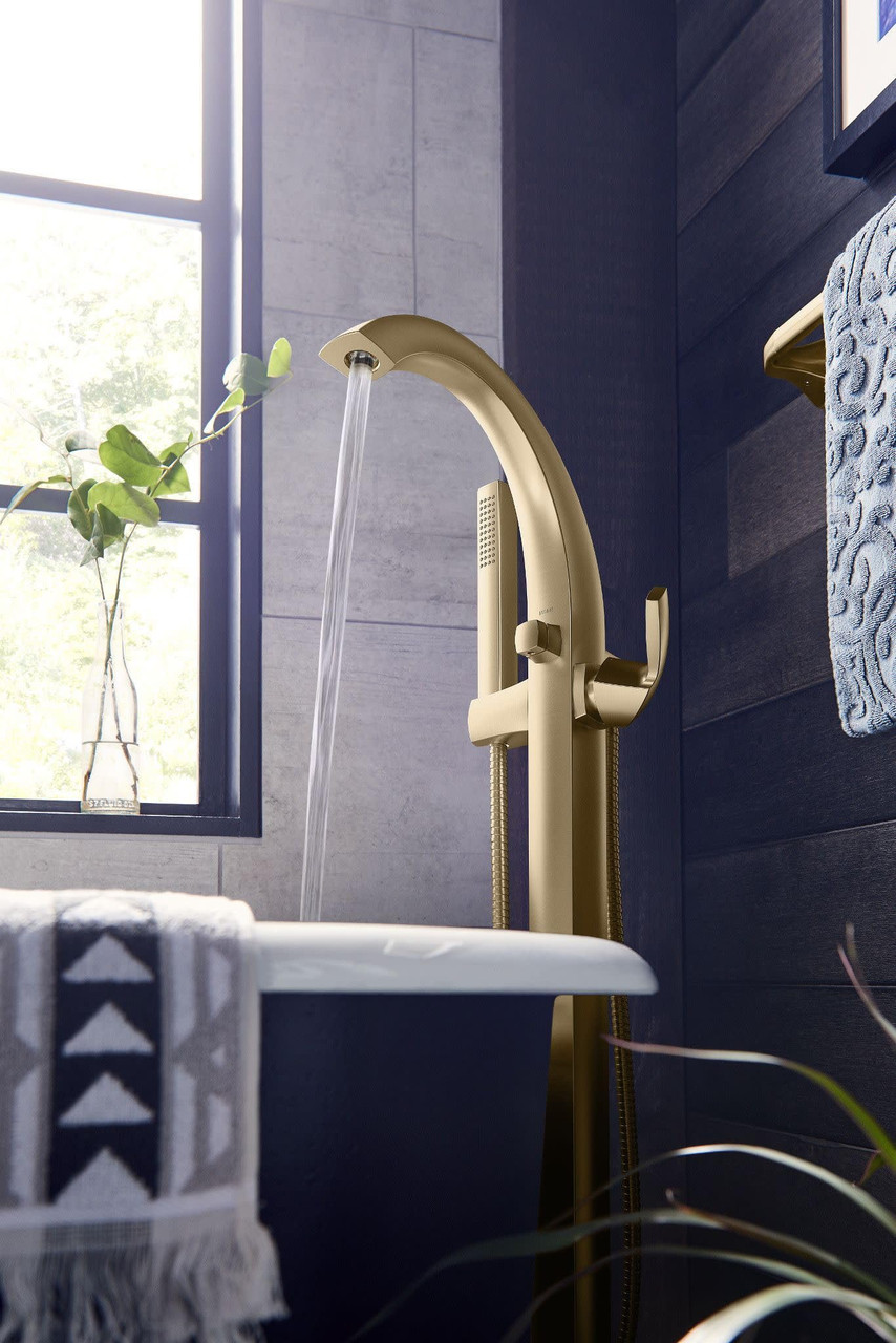 Moen Voss One Handle Freestanding Floor Mount Tub Filler with Handshower in Brushed Gold - 695BG