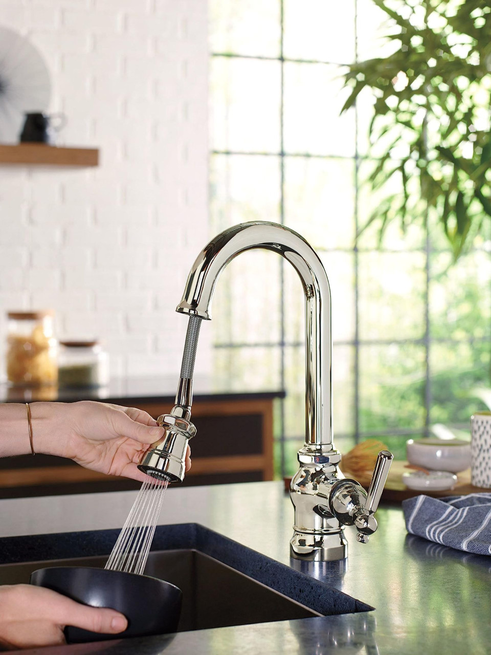Moen Paterson One Handle Pulldown Bar Faucet with Power Clean Includes Interchangeable Handle in Chrome - S52003