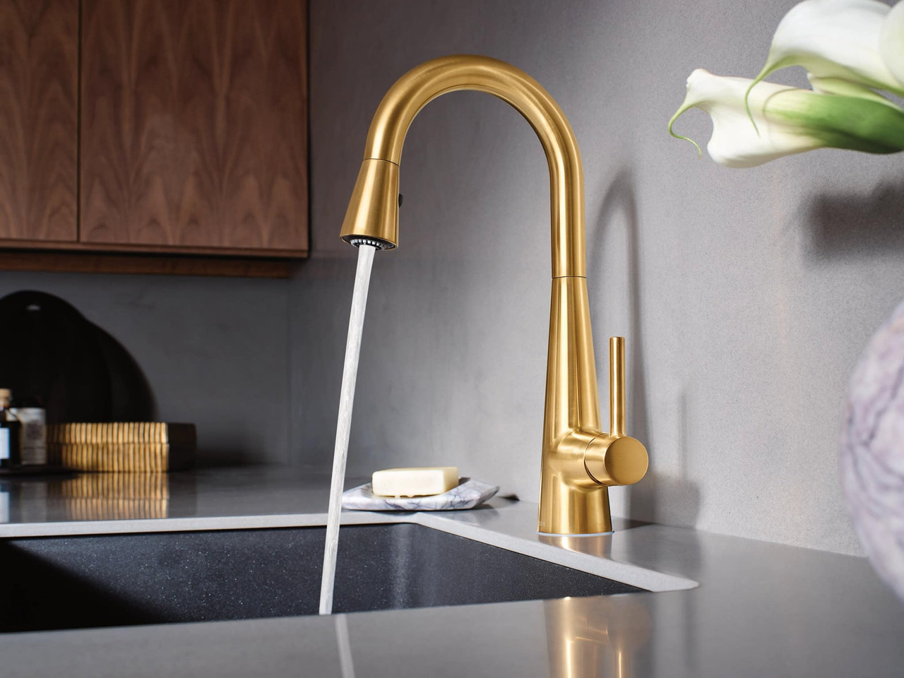 Moen Sleek One Handle High Arc Pulldown Modern Bar Faucet in Brushed Gold - 7664BG