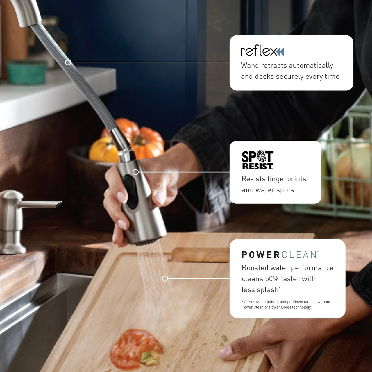 Moen Spot Resist Stainless One Handle Modern Kitchen Pulldown Faucet with Retractable Reflex Docking System and Power Boost Spray Technology for a Faster Clean in Spot Resist Stainless - 7565SRS