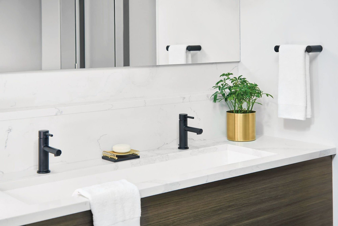 Moen One Handle Modern Bathroom Faucet with Drain Assembly and Optional Deckplate in Matte Black - 6190BL