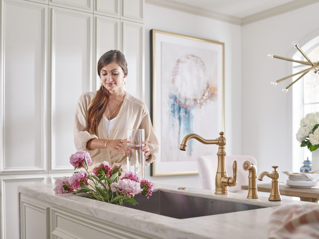 Moen Traditional Deck Mounted Kitchen Soap Dispenser with Above the Sink Refillable Bottle in Brushed Gold - S3945BG