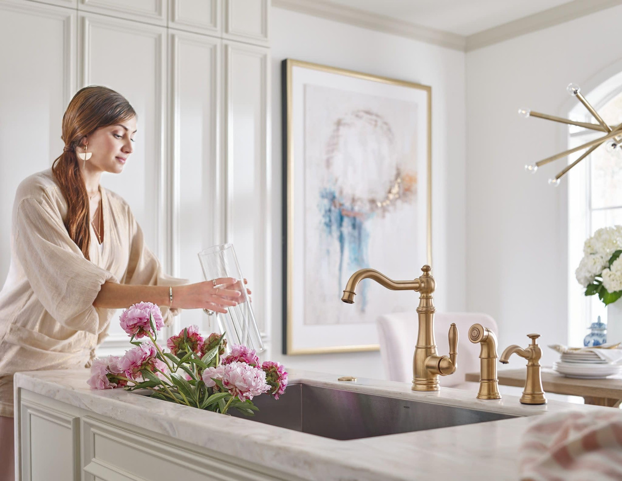 Moen Traditional Deck Mounted Kitchen Soap Dispenser with Above the Sink Refillable Bottle in Brushed Gold - S3945BG