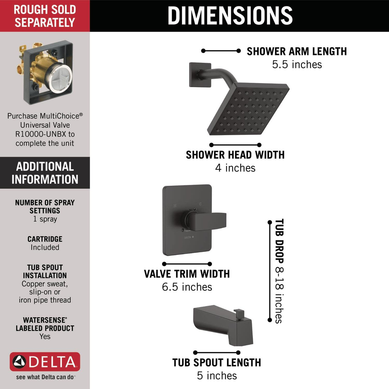 Delta Modern Tub and Shower Trim Kit with Pressure Balance Valve in Matte Black - T14467-BL-PP