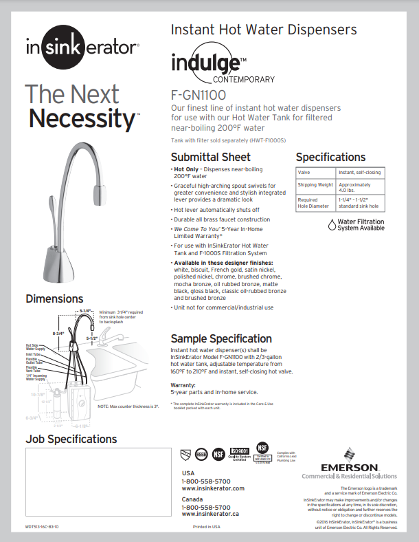 InSinkErator Indulge GN1100 Contemporary Instant Hot Water Dispenser Faucet in White - 44251A