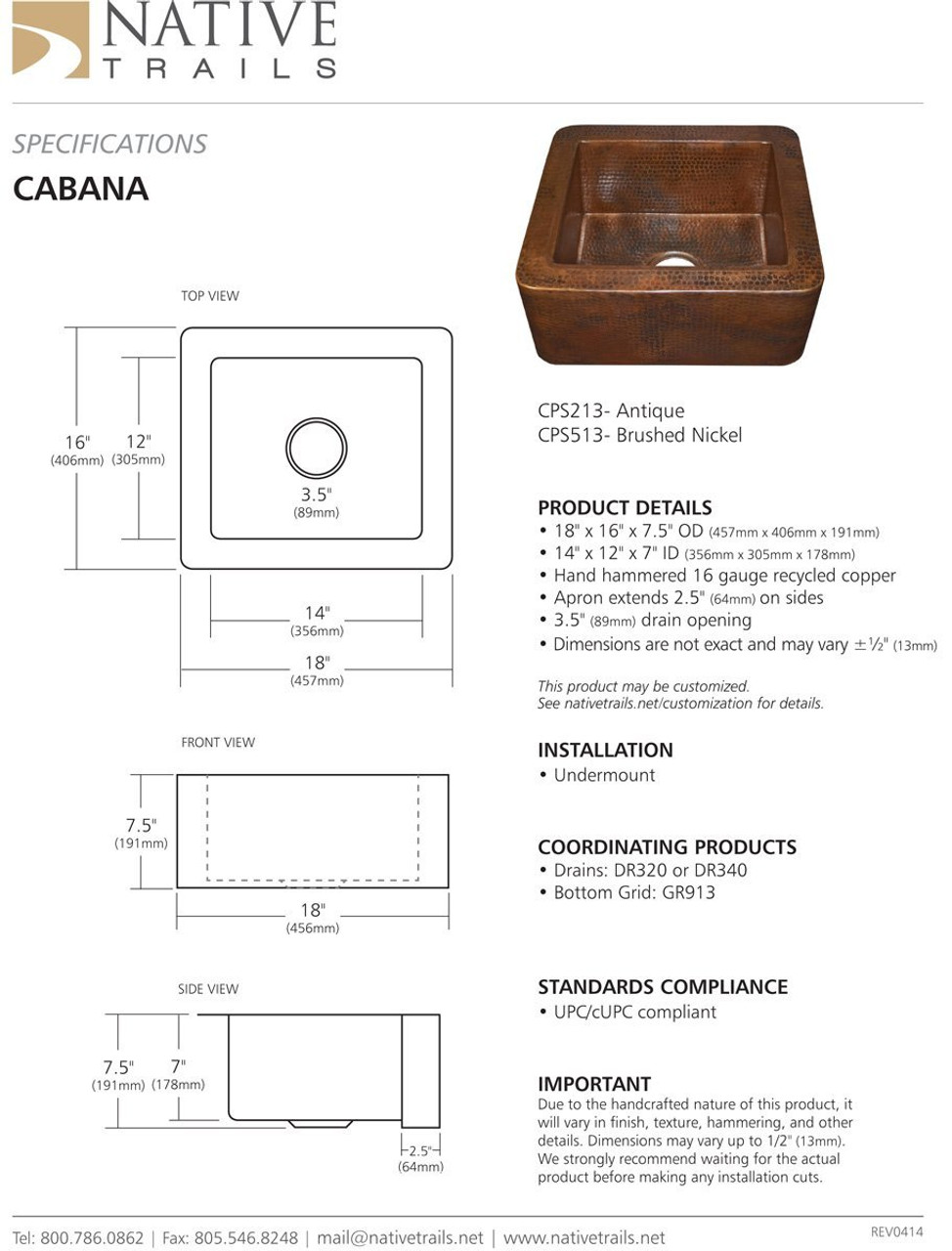 Native Trails CPS513 CABANA: Hammered Copper Undermount Bar/Prep Sink