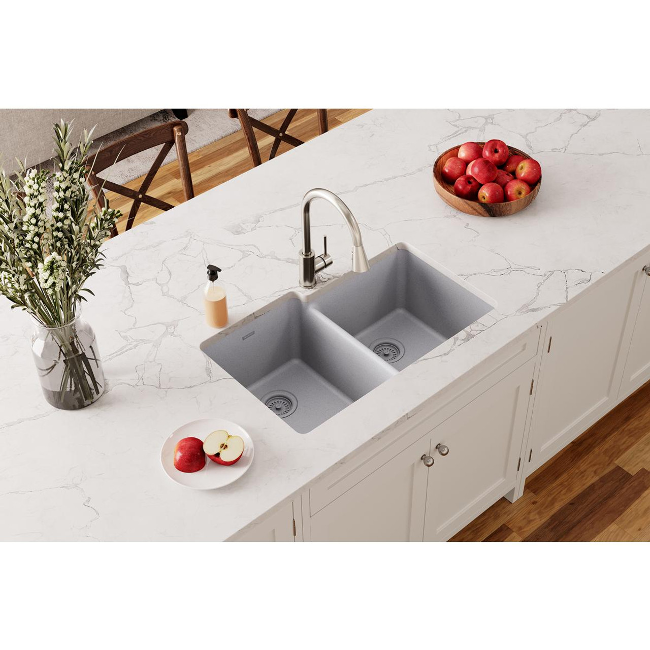 Elkay Quartz Classic 33" x 20-1/2" x 9-1/2", Offset Double Bowl Undermount Sink, Greystone