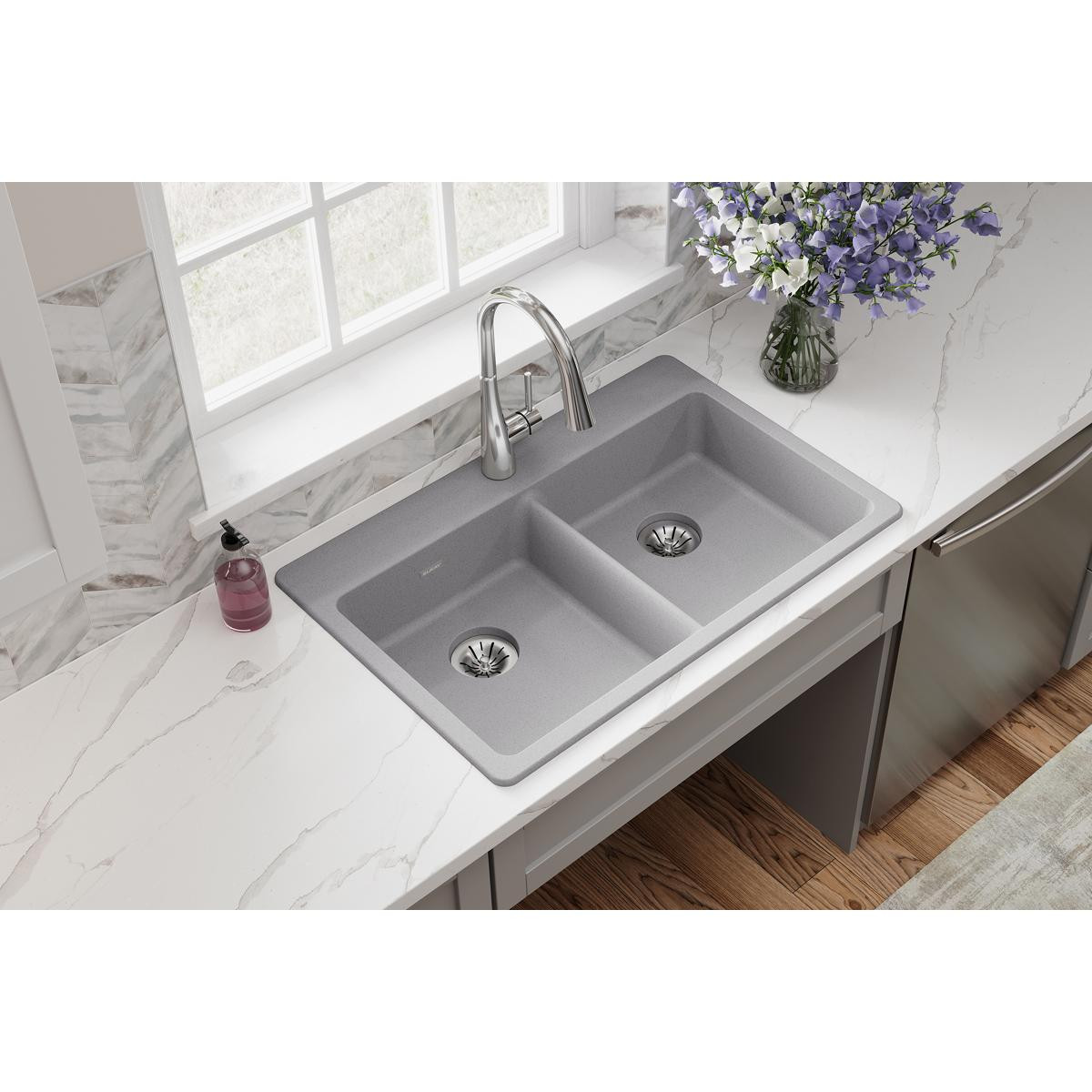 Elkay Quartz Classic 33" x 22" x 5-1/2", Double Bowl Drop-in ADA Sink with Perfect Drain, Greystone
